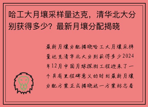 哈工大月壤采样量达克,清华北大分别获得多少?最新月壤分配揭晓 哈工大月壤采样量达克,清华北大分别获得多少?最新月壤分配揭晓