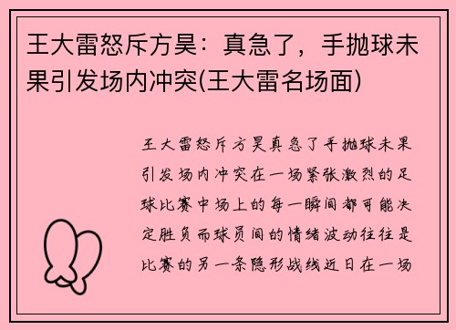 王大雷怒斥方昊：真急了，手抛球未果引发场内冲突(王大雷名场面)