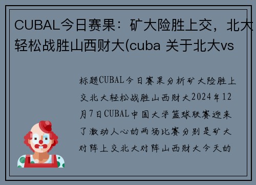 CUBAL今日赛果:矿大险胜上交,北大轻松战胜山西财大(cuba 关于北大vs矿大 声明) CUBAL今日赛果:矿大险胜上交,北大轻松战胜山西财大(cuba 关于北大vs矿大 声明)