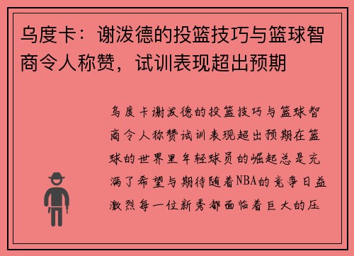 乌度卡:谢泼德的投篮技巧与篮球智商令人称赞,试训表现超出预期 乌度卡:谢泼德的投篮技巧与篮球智商令人称赞,试训表现超出预期