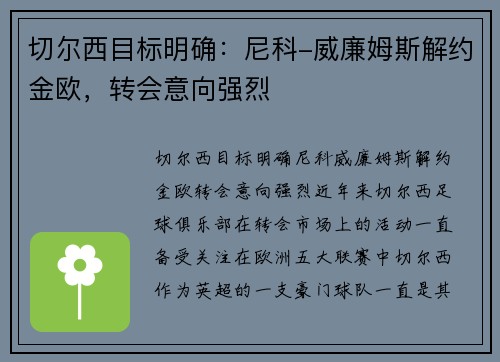 切尔西目标明确：尼科-威廉姆斯解约金欧，转会意向强烈