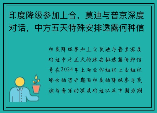 印度降级参加上合，莫迪与普京深度对话，中方五天特殊安排透露何种信号