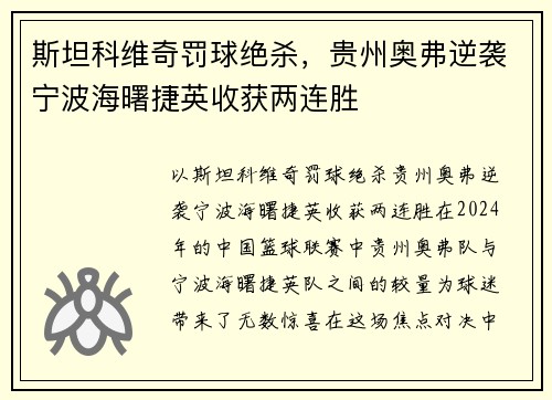 斯坦科维奇罚球绝杀，贵州奥弗逆袭宁波海曙捷英收获两连胜