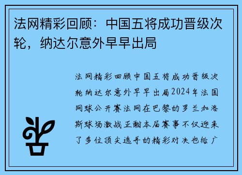 法网精彩回顾：中国五将成功晋级次轮，纳达尔意外早早出局