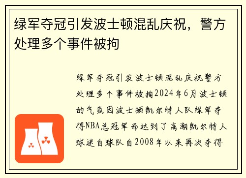 绿军夺冠引发波士顿混乱庆祝，警方处理多个事件被拘