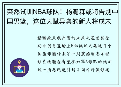 突然试训NBA球队！杨瀚森或将告别中国男篮，这位天赋异禀的新人将成未来之星